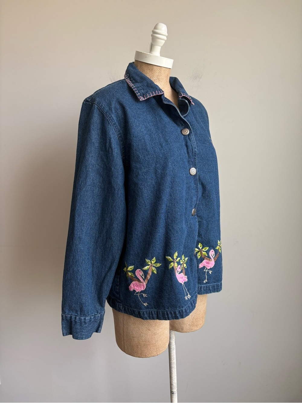 Sara Studio Flamingo Embroidered Denim Jacket Beaded Tropical Shirt Jacket Large - Picture 8 of 11